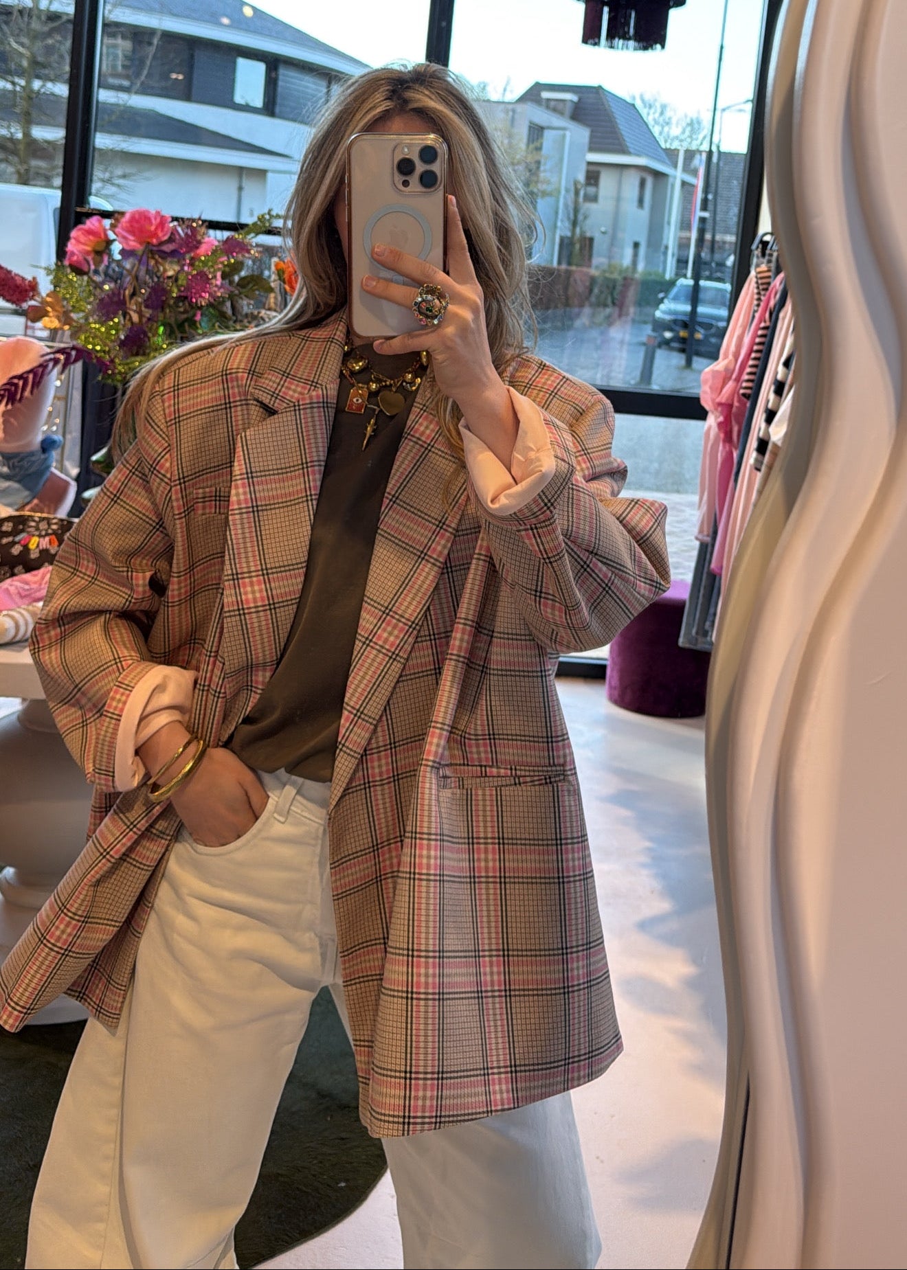 Oversized blazer-check pink