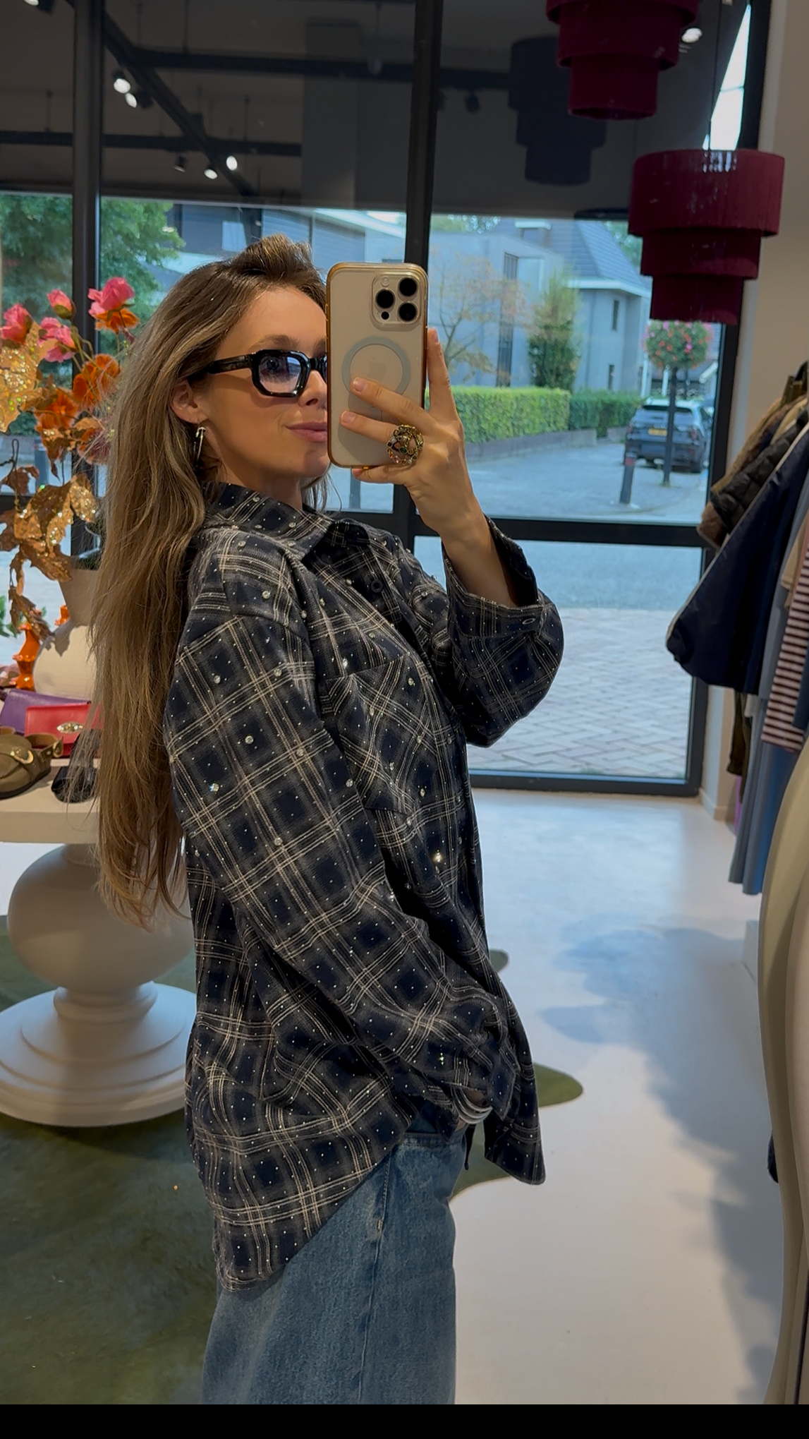 Oversized blouse met strass - navy