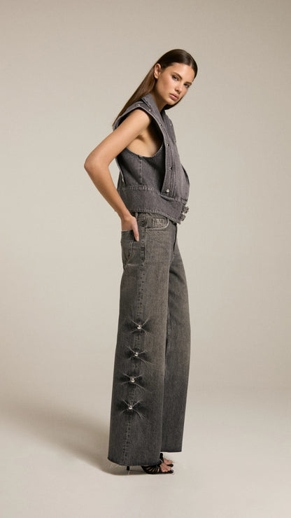 Homage - Mid Waist Wide Leg Jeans With Big Studs