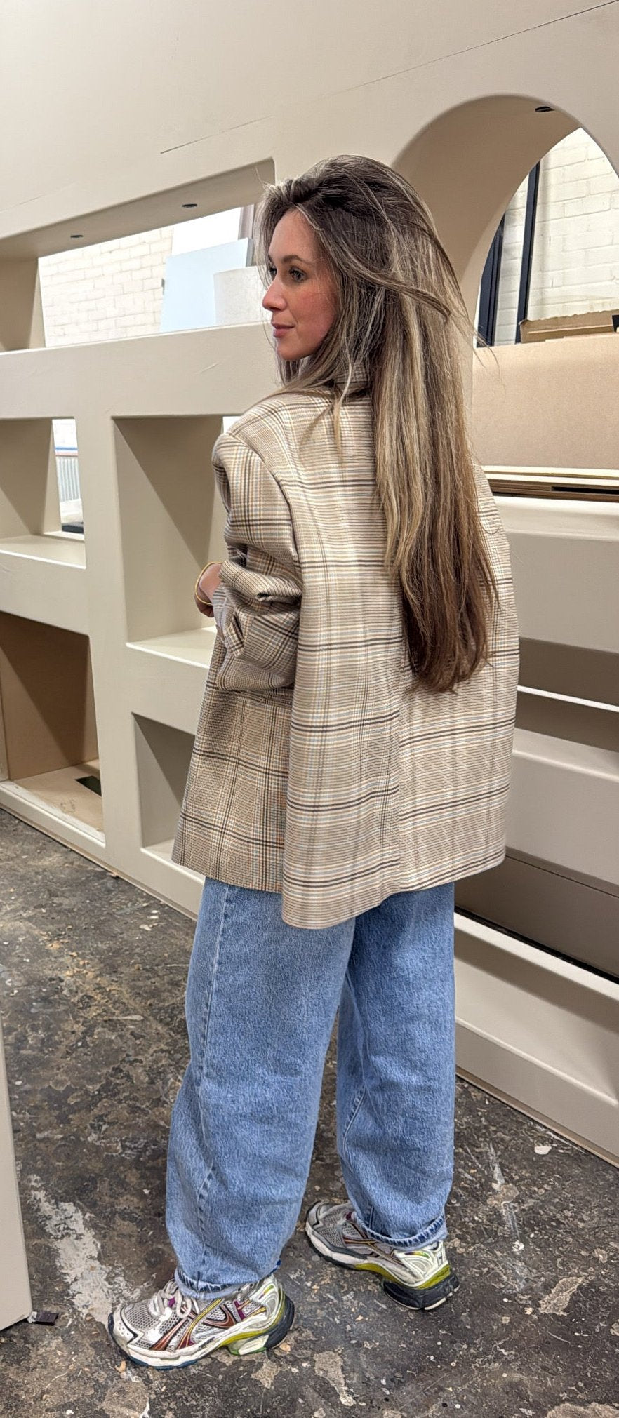 Oversized blazer check print - blauw