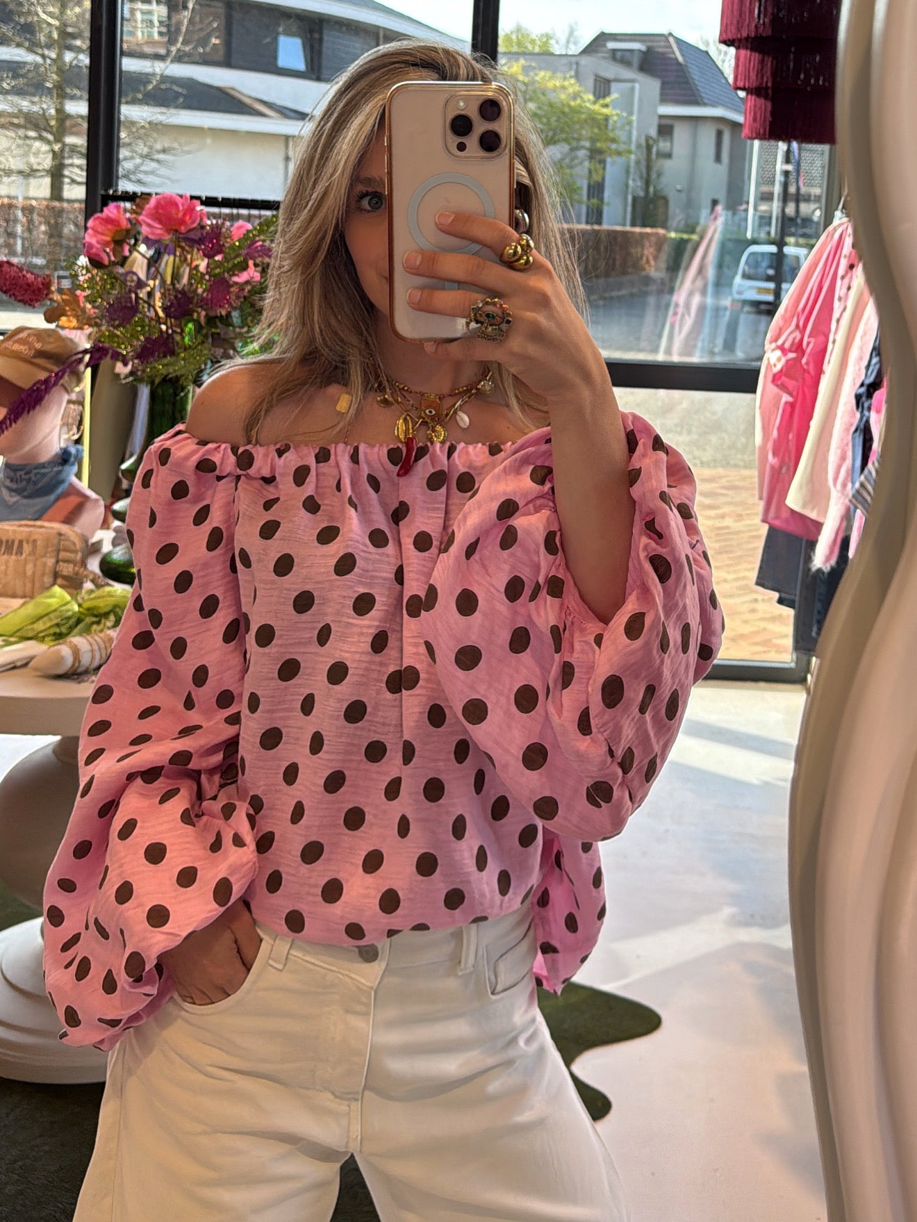 Off shoulder top with dots